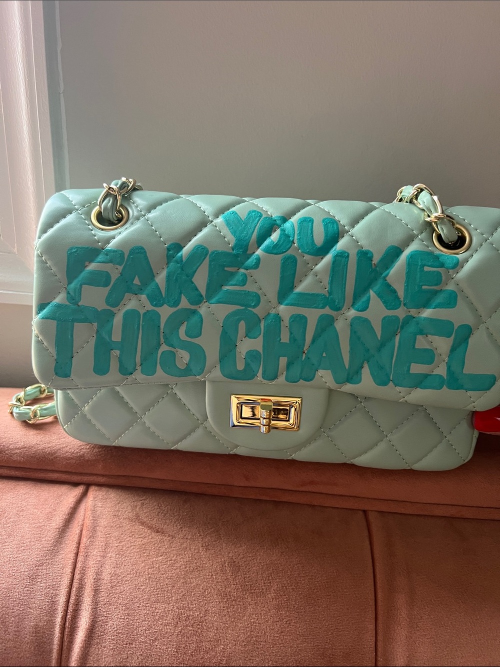 Quilted Mint Shoulder Bag with Teal Lettering